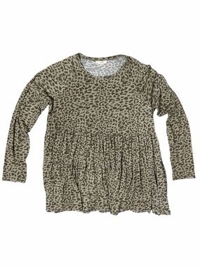 EASEL Leopard Print Oversized Long Sleeve Tiered Tunic Top - Olive Taupe